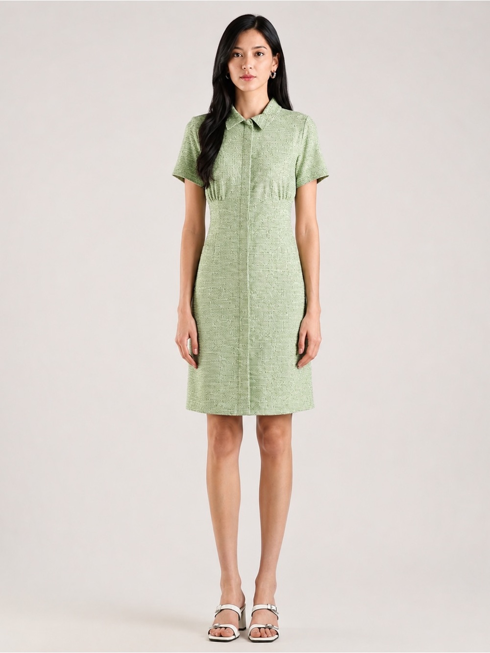 Calvin Klein Green Tweed Shift Dress Collared Short Sleeve Pocket Sz 12 NWT $134